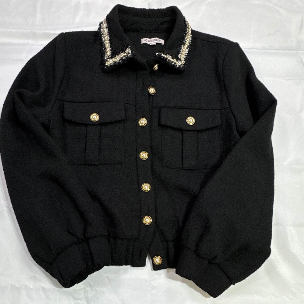 Nanette Lepore Black Tweed Jacket Women's M Gold Button Beaded Collar Blazer